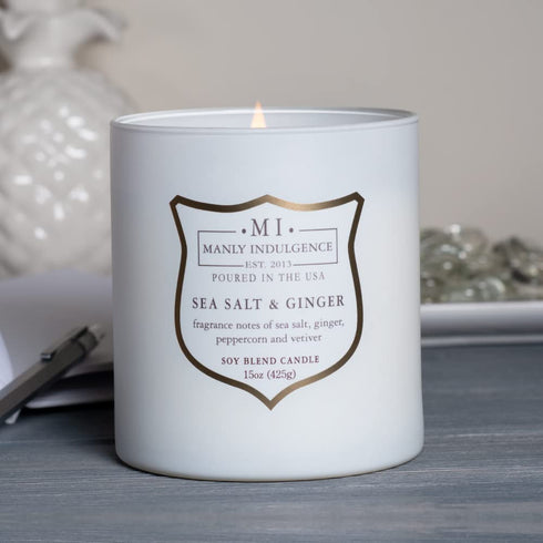 Manly Indulgence Sea Salt & Ginger Scented Jar Candle, Signature Collection, Soy Wax Blend, Wooden Wick, 15oz, White