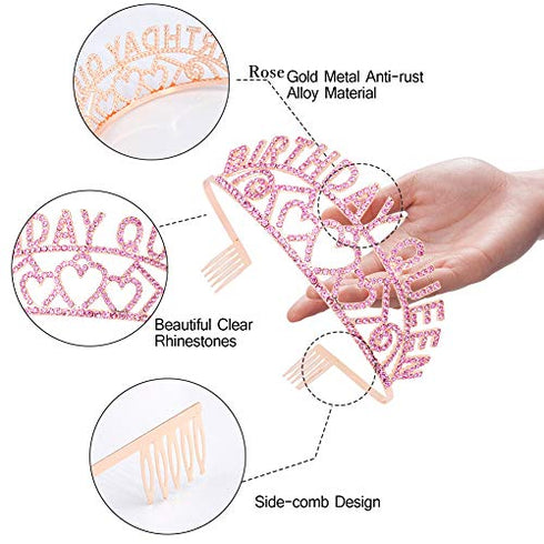 Birthday Crowns for Women, Didder Birthday Queen Rhinestone Tiara & Sash Kit, Rose Gold Birthday Tiaras and Crowns for Women Birthday Girl Crown Princess Crown Glitter Birthday Sash 21st Gifts Party