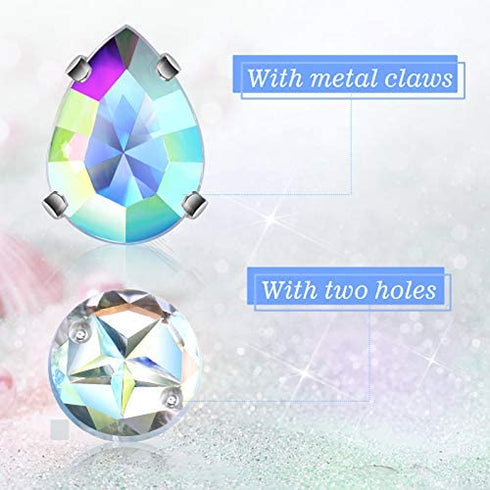 320 Pieces Sew on Rhinestone Sew Crystals Acrylic Gems Sewing Claw Rhinestone Flatback Gemstones with Hole Silver Prong in Mix Shape Mixed Size for DIY Crafts Clothes Shoes Bag Decoration (Crystal AB)