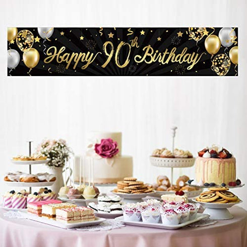 Happy 90th Birthday Banner Sign Gold Glitter 90 Years Birthday Party Decorations Supplies Anniversary Celebration Backdrop