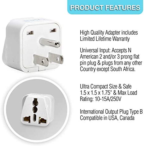 Ceptics European/India to US plug adapter - Flat outlet UK to US, Europe Round Australian to USA 3 Prong - 220 to 110 Travel Adaptor, European to American (Type B) - 3 Pack (GP-5-3PK)