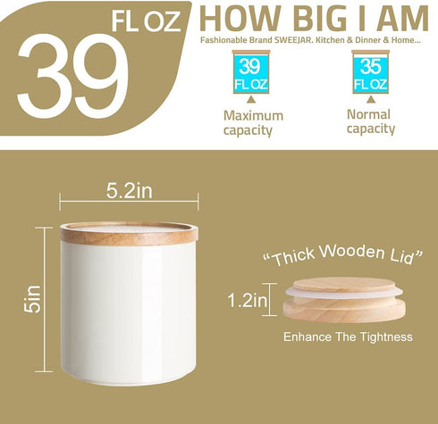 SWEEJAR Kitchen Canisters Ceramic Food Storage Jar, Stackable Containers with Airtight Seal Wooden Lid for Serving Coffee Bean, Flour, Tea, Spice and More - 39 FL OZ (Navy)