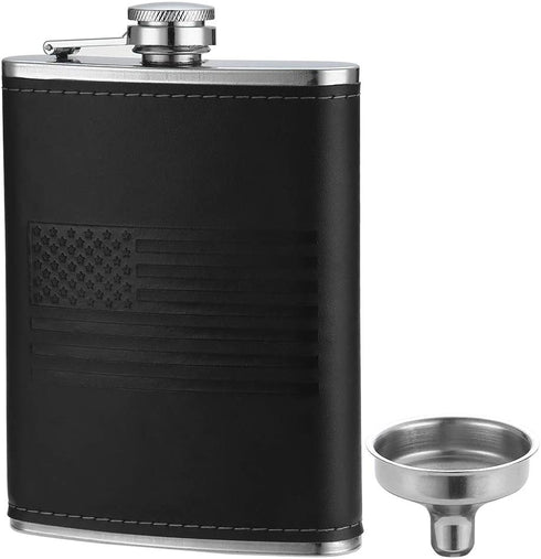 YFS Whiskey Flask With American Flag for Liquor and Funnel, 8 Oz Leak Proof Stainless Steel Pocket Hip Flask with Soft Touch Leather Cover, Black Flask for Men