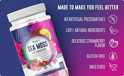 Vigilant Lifestyles Organic Strawberry Seamoss Gummies - with Burdock & Bladderwrack for - Thyroid - Healthy Skin - Gut - Vitamin C - Collagen - Joint - Keto-Detox & Immune System - 60 Count