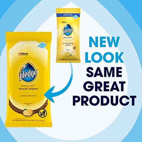 Pledge Multi-Surface Furniture Polish Wipes, Works on Wood, Granite, and Leather, Cleans and Protects, Lemon (24 Total Wipes)