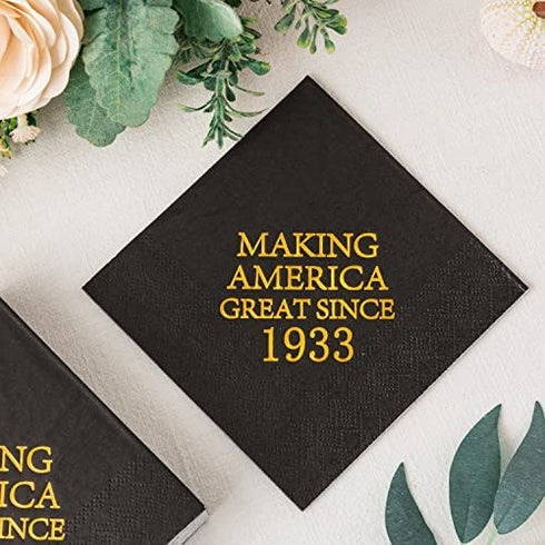 Crisky 90th Birthday Disposable Napkins Black and Gold Dessert Beverage Cocktail Cake Napkins 90th Birthday Decoration Party Supplies for Man Making Great Since 1933, 50 Pack 4.9"x4.9" Folded