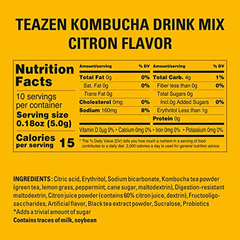 Teazen Kombucha Tea, Zero Sugar, Sparkling Fermented Powdered Mix Beverage from Korea, Live Probiotics & Prebiotics, 10 Sticks, 1.76oz (Citron)