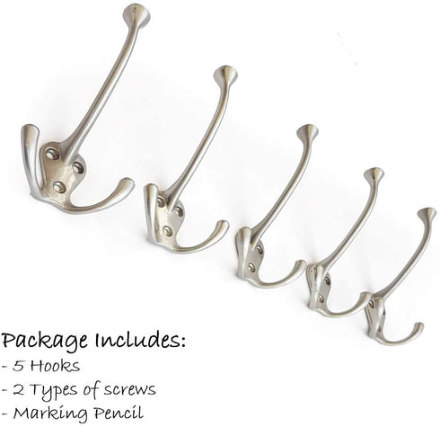 5 Pack TriLeg Hook, Heavy Duty Big Triple Leg / Double Coat Hooks Base. Entryway Coat Hooks, Scarf and Jacket Hangers.Perfect Bath Towel Heavy Hooks (5 Pack, Satin Nickel)