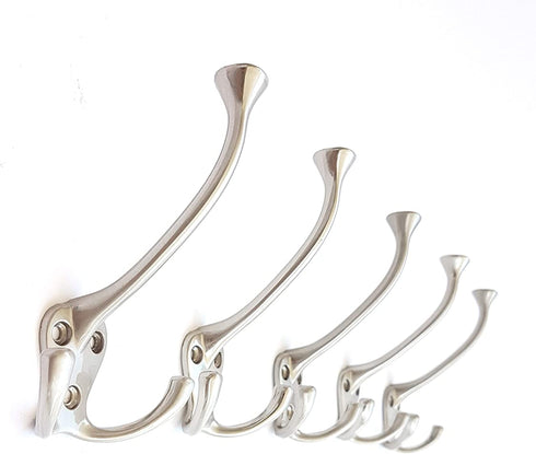 5 Pack TriLeg Hook, Heavy Duty Big Triple Leg / Double Coat Hooks Base. Entryway Coat Hooks, Scarf and Jacket Hangers.Perfect Bath Towel Heavy Hooks (5 Pack, Satin Nickel)