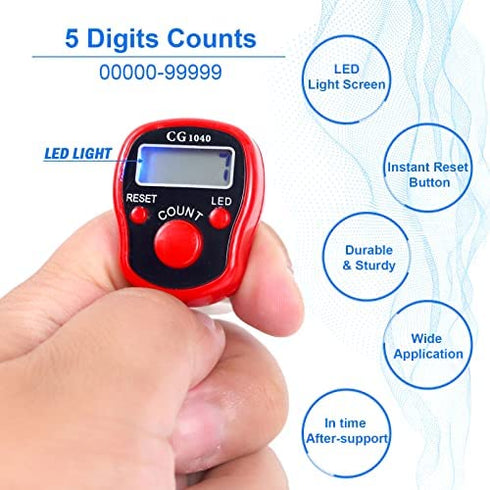 CG LED Finger Tally Counter, 5-Pack Digital Electronic Tasbeeh Counters, Lap Track Handheld Clicker with Ring, Re-settable Digits Display for People Muslims, by Black White Red Orange Blue Five colors