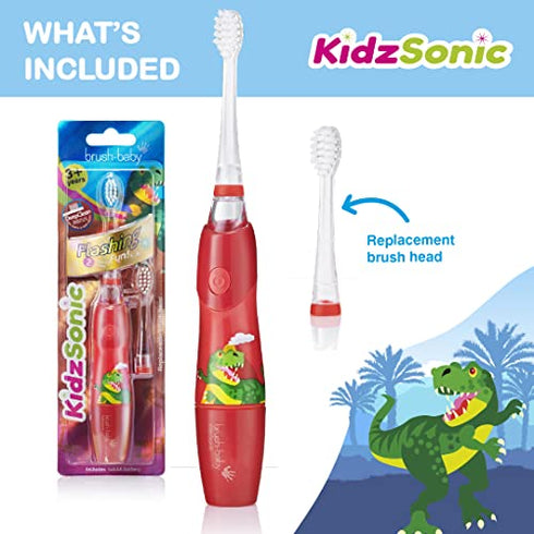 brush-baby KidzSonic Toddler and Kid Electric Toothbrush for Ages 3+ Years - Disco Lights, Gentle Vibration, and Smart Timer Provide a Fun Brushing Experience - 2 Brush Heads Included - Dinosaur