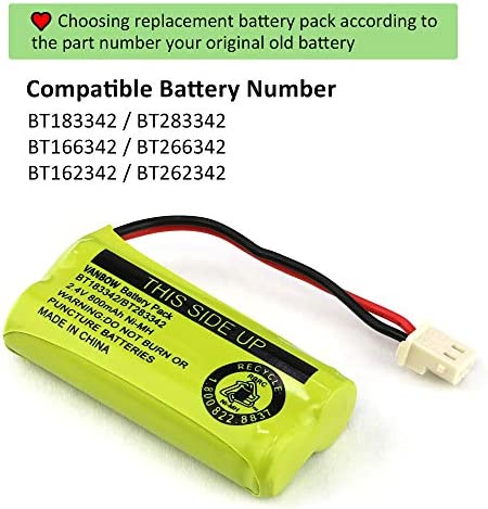 VANBOW BT183342/BT283342 2.4V 800mAh Ni-MH Battery Pack, Compatible with AT&T VTech Cordless Phone Batteries BT166342/BT266342 BT162342/BT262342 CS6709 CS6609 CS6509 CS6409 EL52100 EL50003 (Pack 2)