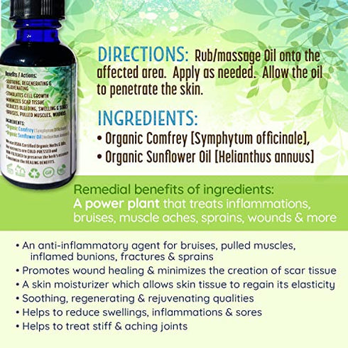 Earth Elements Organics 100% Organic Comfrey Medicinal Herbal Oil, Raw, Non-GMO – Wound Healing, Skin-Cell Regeneration, Scar Reduction, Anti-Inflammatory. Excellent carrier oil.