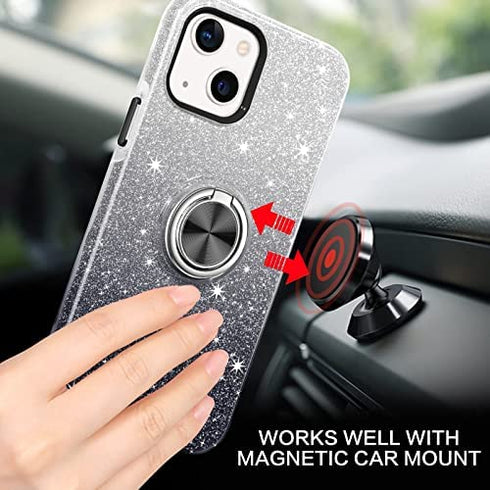 BENTOBEN Case for iPhone 13, iPhone 13 Phone Case, Slim Glitter Case with 360° Ring Holder Kickstand Magnetic Car Mount Supported Protective Girls Women Men Boys Cover for iPhone 13 6.1" 5G, Black