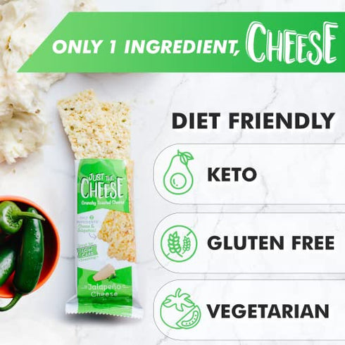 JUST THE CHEESE Bars, Low Carb Snack - Baked Keto Snack, High Protein, Gluten Free, Low Carb Cheese Crisps - Jalapeno, 0.8 Ounces (Pack of 10)