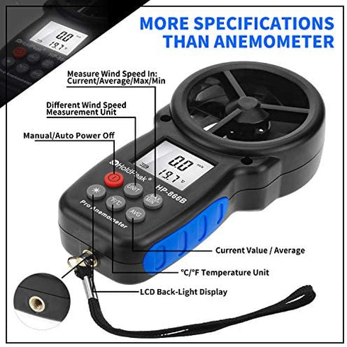 HoldPeak 866B Digital Anemometer Handheld Wind Speed Meter for Measuring Wind Speed, Temperature and Wind Chill with Backlight and Max/Min