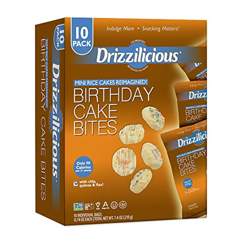 Drizzilicious Birthday Cake 10 Pack | Mini Snack Chocolatey Rice Cakes | Vegan Air Popped Chia, Quinoa, Flax Snacks
