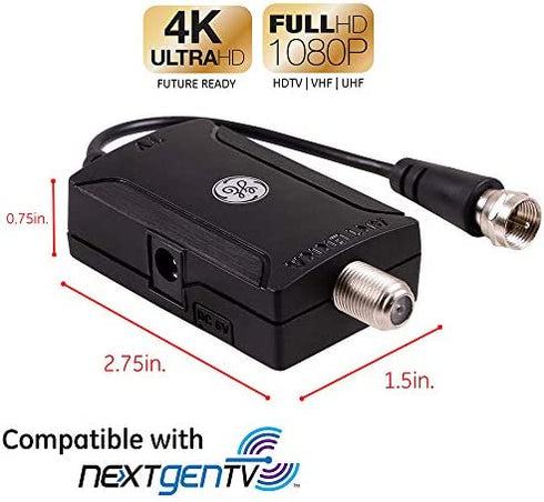 GE Indoor HD Digital TV Antenna Amplifier, Low Noise Antenna Signal Booster, Clears Up Pixelated Low-Strength Channels, Supports HD Smart TV VHF UHF, AC Adapter, Black, 42178