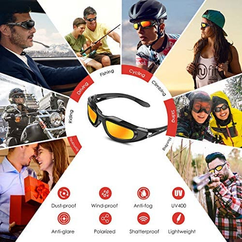 BELINOUS Polarized Motorcycle Riding Glasses Goggles for Men Foam Padding, Windproof Anti-dust Sunglasses w/ 4 Interchangeable Lens Kit & Case, Protective Eyewear for Driving Biking Day and Night