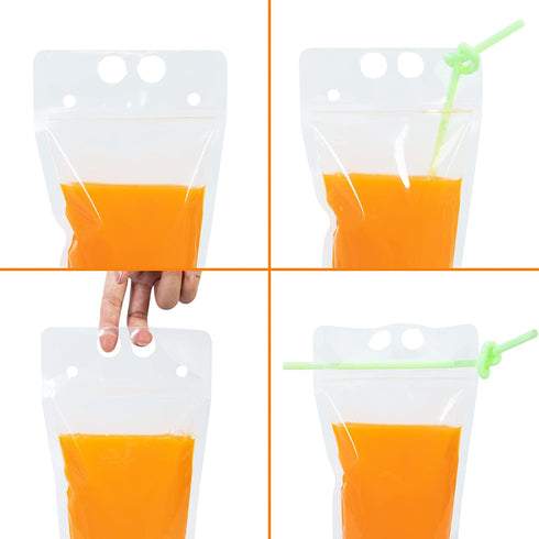 100 Pcs Plastic Drink Pouches for Drinks with Straws Hand-Held Juice Bags, Reusable Zipper Clear Drink Bags Smoothie Heavy Duty Juice Pouches for Adults, Cold Hot Drinks