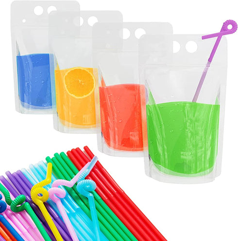 100 Pcs Plastic Drink Pouches for Drinks with Straws Hand-Held Juice Bags, Reusable Zipper Clear Drink Bags Smoothie Heavy Duty Juice Pouches for Adults, Cold Hot Drinks