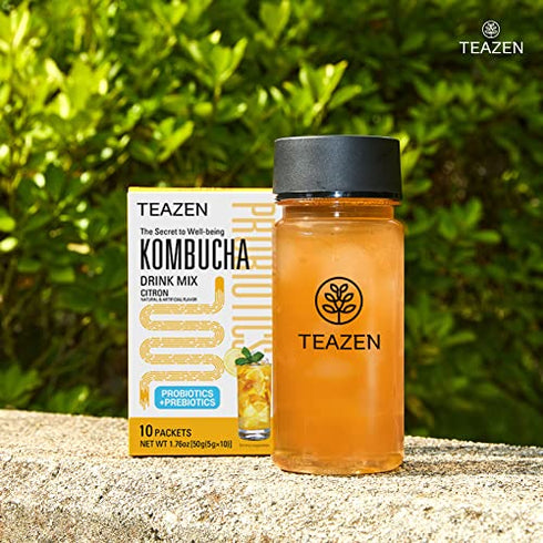 Teazen Kombucha Tea, Zero Sugar, Sparkling Fermented Powdered Mix Beverage from Korea, Live Probiotics & Prebiotics, 10 Sticks, 1.76oz (Citron)