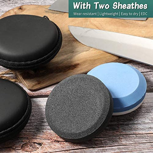 4 Axe Sharpener Tools with Sheath, Multipurpose Axe Sharpener Stone Axe Dual Grit Sharpener Puck Camping Hatchet Sharpening Stone Disk in Black and Blue for Dull Axe Sharpening (Diameter 7.7 cm)