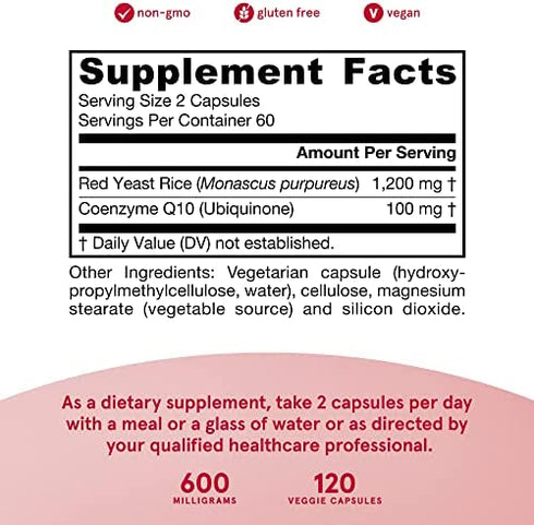 Jarrow Formulas Red Yeast Rice - Includes 100 mg Co-Q10 Per Serving - Heart, Cardiovascular Health, Dietary Supplement - 120 Veggie Caps - 60 Servings