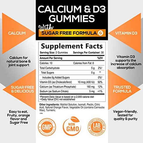 Sugar Free Chewable Calcium Gummies with Vitamin D3 - Premium Calcium & Vitamin D Gummy Chews for Bone & Teeth Health & Immue Support - Non-GMO, Orange Flavor, Nature's Supplement - 60 Gummies