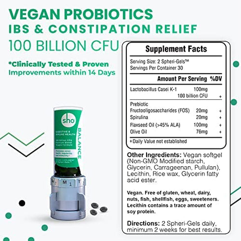 SHO Balance 100 Billion CFU Prebiotics & Probiotics for Digestive Health, Weight Loss & Gut Health Vegan Supplement for Women & Men, Lactobacillus Casei, Shelf Stable, 60 Small Pills Refill Bottle
