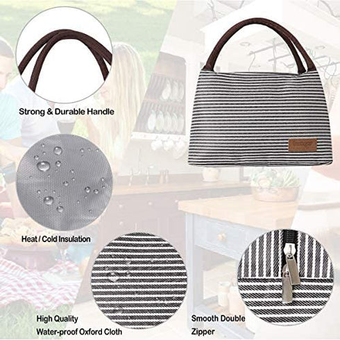 Buringer Reusable Insulated Lunch Bag Cooler Tote Box Meal Prep for Men & Women Work Picnic or Travel (Grey White Stripes)
