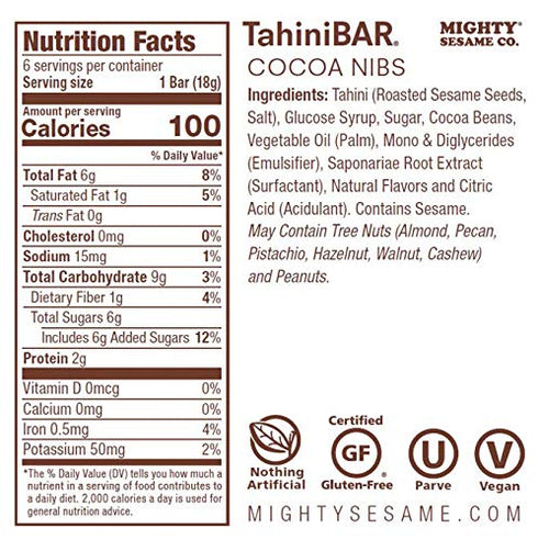 Mighty Sesame TahiniBars, Variety Pack (18 Bars) | 6 Pistachio - 6 Vanilla - 6 Cocoa Nibs | 100 Calorie Mini Halva Bars | Individually Wrapped