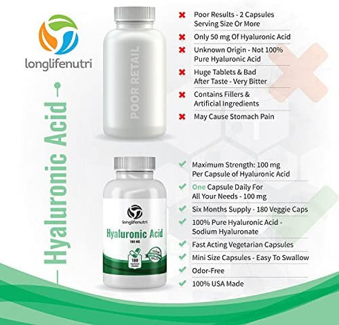Hyaluronic Acid 100 mg 180 Vegetarian Capsules | Supports Knees & Joints | Skin Complex Tablets | Triple Strength HA Supplement For Face Elasticity | Acido Hialuronico Pills | Oral Powder Vitamin 1000