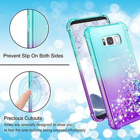 Gritup Galaxy S8 Case, Galaxy S8 Phone Case with HD Screen Protector for Girls Women, Cute Clear Gradient Glitter Liquid TPU Slim Phone Case for Samsung Galaxy S8 Teal/Purple