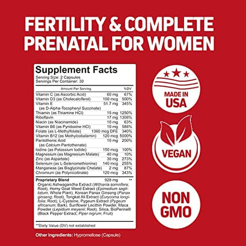 Fertility Supplements for Women to Help Pregnancy & Better Conception + Prenatal Vitamins - Aid Ovulation, Regulate Your Cycle, Balance Hormones with Folate Folic Acid Pills 60 Capsules
