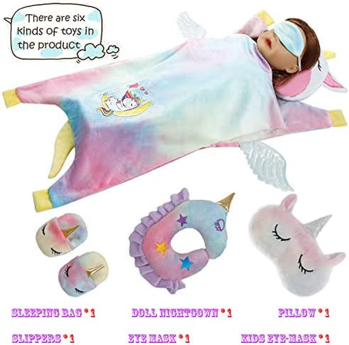 Windolls Girl 18 Inch Doll Sleeping Bag & Clothes Accessories Set - Unicorn Doll Costume with Unicorn Style Sleeping Bag, Eye Masks, Pillow, Slippers - Fits My Life, Generation, Journey Dolls