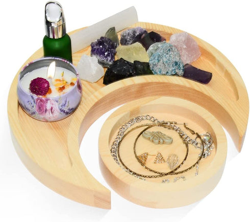 Moon Tray Crystal Holder for Stones Display, Natural Pine Crystal Tray for Healing Crystal & Essential Oils, 9.17X 3.94 Inches Crescent Moon Bowl with 4.64 Inches Round Tray