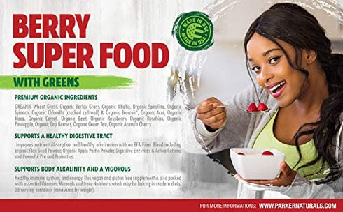 Parker Naturals Berry Green Superfood Capsules 180 ct. with Organic Greens & Organic Fruits, Enzymes, Probiotics, Antioxidants, Vitamins, Minerals - Alkalize & Detox - Non GMO, Vegan & Gluten Free