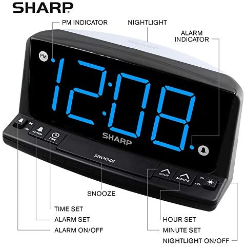 SHARP LED Digital Alarm Clock – Simple Operation - Easy to See Large Numbers, Built in Night Light, Loud Beep Alarm with Snooze, Bright Big Blue Digit Display