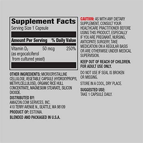Amazon Elements Vitamin D2 2000 IU, Vegan, 65 Capsules, Supports Strong Bones and Immune Health, 2 month supply (Packaging may vary)