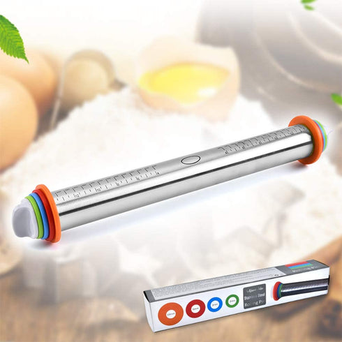 Rolling Pin with Thickness Rings and Pastry Mat for Baking Cookie Chapati Fondant Dough Pastry Pizza Pie Crust, Stainless Steel Roller Pin, Red Mat