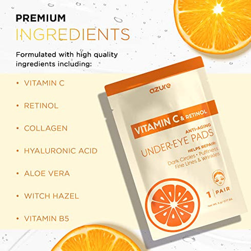 AZURE Vitamin C Brightening Under Eye Pads - Anti Aging, Lifting & Moisturizing Eye Mask Patches - Reduces Fine Lines, Wrinkles, Dark Circles & Puffiness - Skin Care Made in Korea - 5 Pairs
