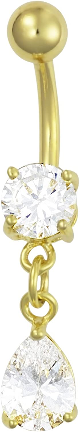 Forbidden Body Jewelry 14k Gold Plated Surgical Steel Clear CZ Crystal Tear Drop Dangle Belly Button Ring