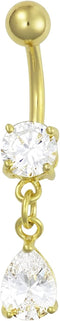 Forbidden Body Jewelry 14k Gold Plated Surgical Steel Clear CZ Crystal Tear Drop Dangle Belly Button Ring