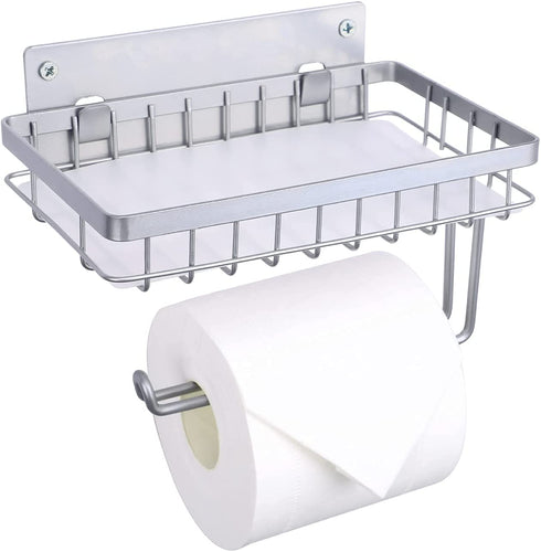 Toilet Paper Holder with Shelf, LKKL Toilet Tissue Paper Holder Wall Mounted, Bathroom Toilet Paper Roll Holder Storage, Bathroom Accessory Tissue Roll Dispenser and Shelf - Silver
