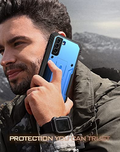 Poetic Revolution Series Case Designed for Samsung Galaxy S21 FE 5G, Built-in Screen Protector Work with Fingerprint ID, Full Body Rugged Shockproof Protective Cover Case with Kickstand, Blue