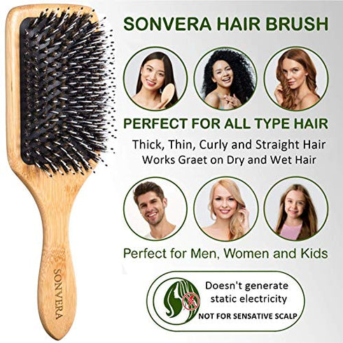 Boar Bristle Hair Brush Men Detangling Hair Brushes for Women Mens Paddle Brush Bamboo Wooden Bore Natural Hairbrush for Shine Soft Fine Hair Reduce Frizz Dry Improve Hair Texture