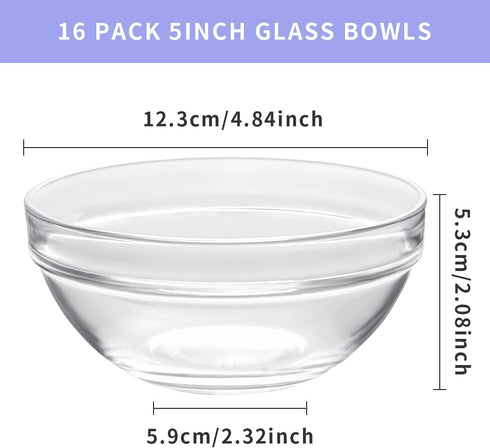 16 Pack Glass Bowls 5 Inch, RUCKAE Glass Mixing Bowls Small Bowls For Kitchen Prep, Dessert, Ice Cream,Small Cake, Candy Dishes, Nut Bowls, Salad Bowl