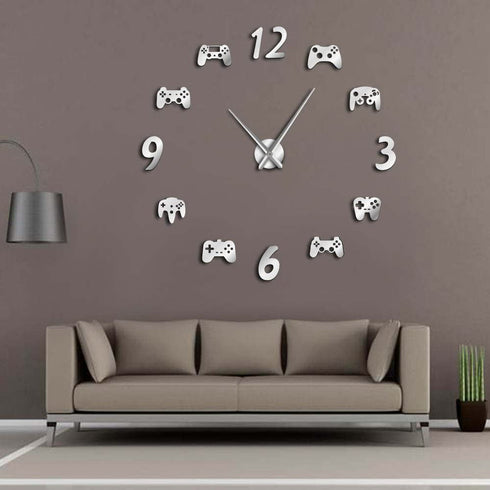 The Geeky Days Video Game Controllers DIY Large Wall Clock Game Room Decor Modern Design Freamless Giant Wall Clock Game Boys Room Wall Watch (Silver)