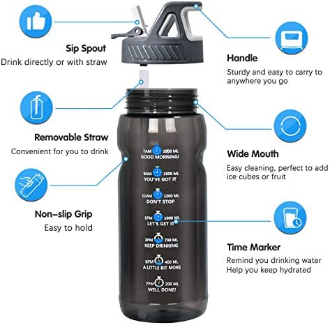 Big Motivational Half Gallon Water Bottle with Straw, BPA Free Resuable 64 OZ Water Bottle with Straw & Time Marker, 1/2 Gallon Sports Water Jug for Camping Hiking Fitness